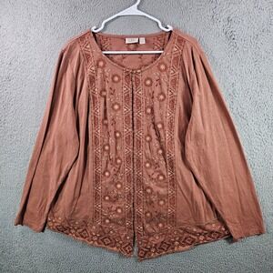 LOGO Lavish Embroidered Tunic Cardigan Brown Floral Size 2X